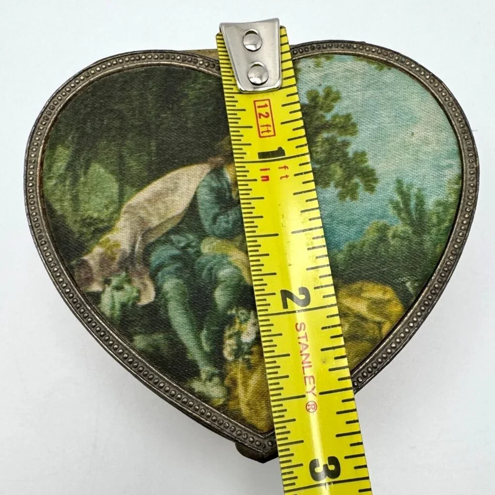 Schmid Bros Vtg Heart-Shaped Metal Trinket Box Silk Art Lid 